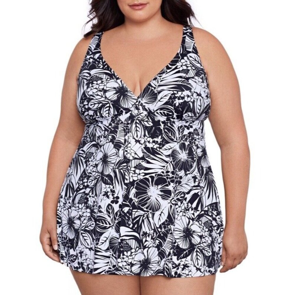 Swim Solutions Womens Size 24W Navy/White Tropical Floral Swimdress Swimsuit